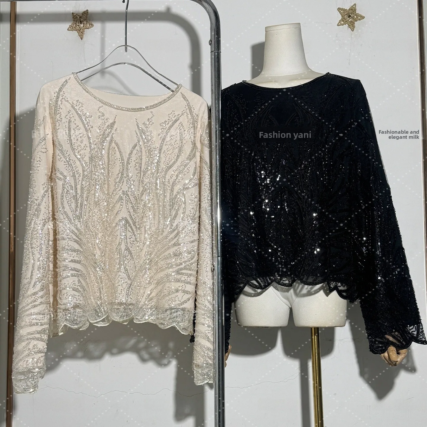 

Модный женский топ Yanie с длинным рукавом и круглым вырезом, роскошный, трендовый, расшитый бисером, облегающий, новинка