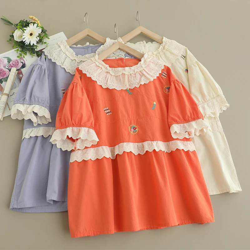 

Japanese Sweet Mori Girl Flower Embroidery Lace Patchwork Cotton Shirts Women Summer O-Neck Short Sleeve Casual Loose Blouse Top