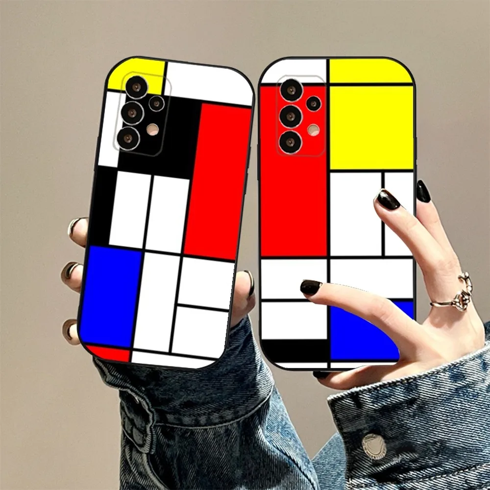 

TOPLBPCS Mondrian Grid Phone Case For Samsung S24,23,22,30,21,10,9,Ultra,Plus,Lite,FE,5G Black Soft Case