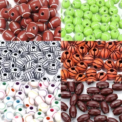 50pcs/lot Sports Ball Acrylic Beads Big Hole Loose Beads Basketball Tennis Baseball Rugby Beads For DIY Jewelry Making Bracelet