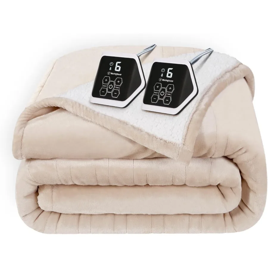 

Electric Heated Blanket - Queen Size Soft Flannel to Sherpa 10 Heating Levels 12 Hour Auto Off Machine Washable 84x90 Inch Beig