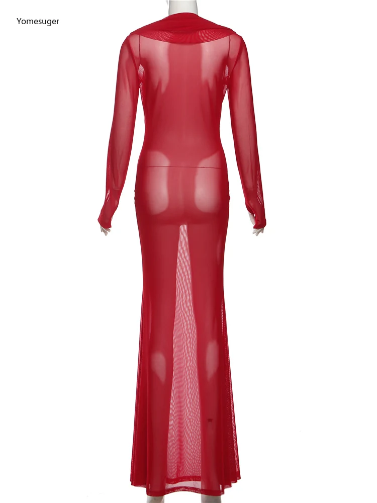 Yomesugar Sexy Mesh See Through Maxi Dress Women Elegant Deep V-neck Ruched Full Sleeve Bodycon Birthday Prom Party Clubwear