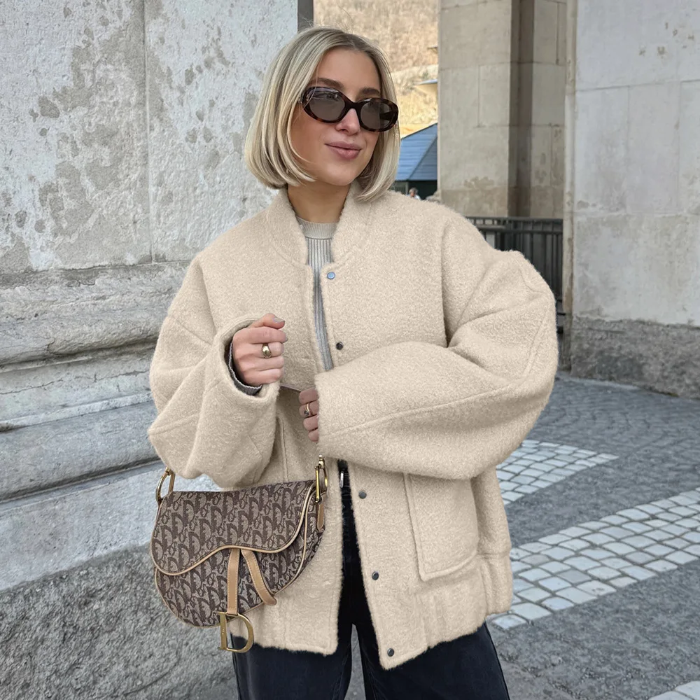 

KIDCRKJ Women Spring Woollen Coat Round Enck Solid Color Single Breasted Female Outwear Slouchy-Style Highstreet Lady Jacket