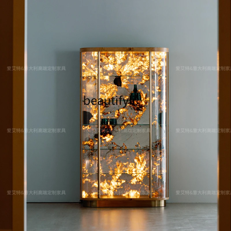 Italian light luxury wine cabinet arc glass display cabinet villa storage luminous back plate decorative cabinet