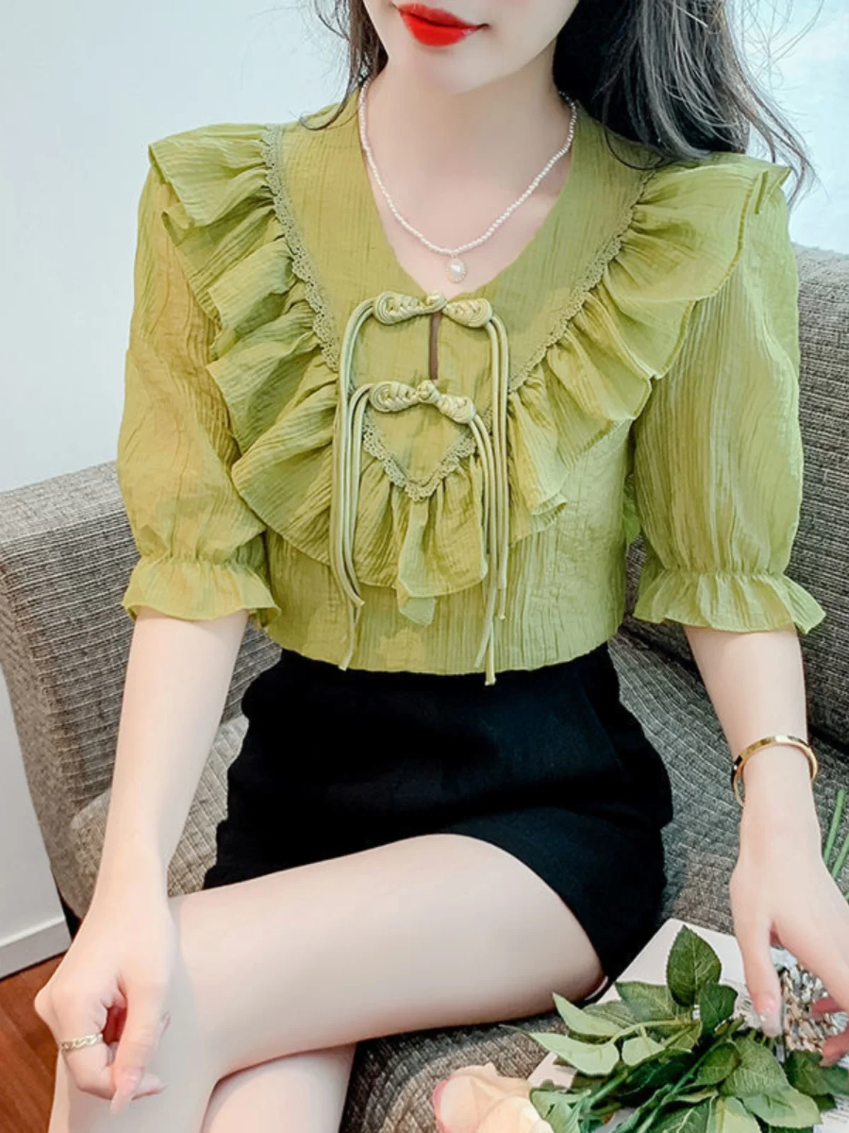 women's-summer-short-sleeve-shirt-vintage-button-up-high-end-feel-lace-trim-two-piece-set-elegant-classy-fashionable