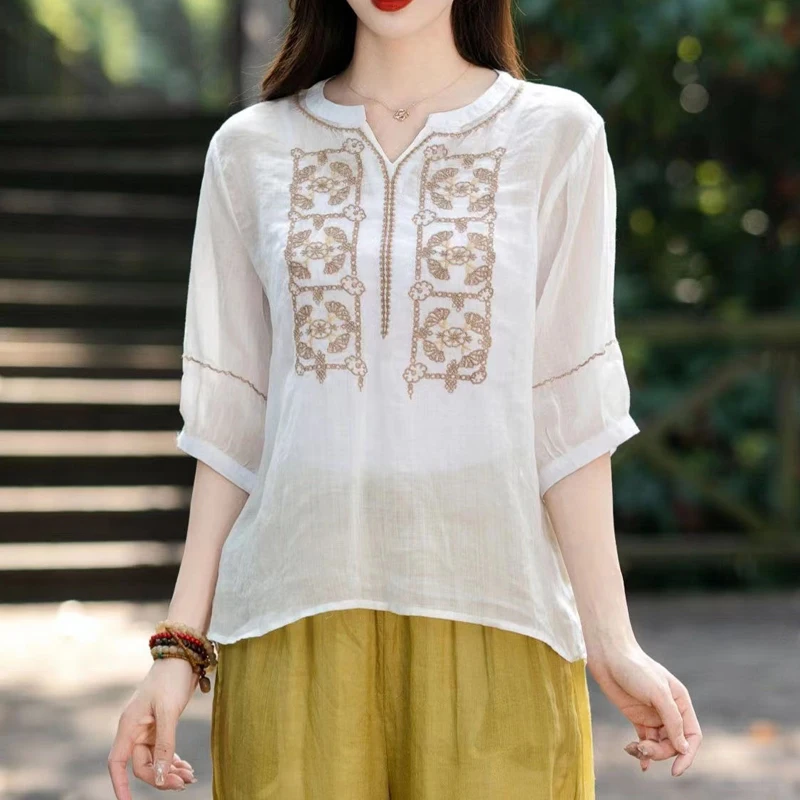 Women Vintage Ethnic Style Embroidery Cotton Linen Blouses Summer V Neck Short Sleeve Shirts Casual Solid Loose Irregular Tops