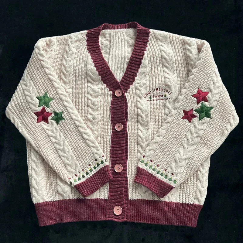 Cardigan de árvore de natal feminino quente outono inverno camisola com carta bordado férias malha cardigans topos presente de natal