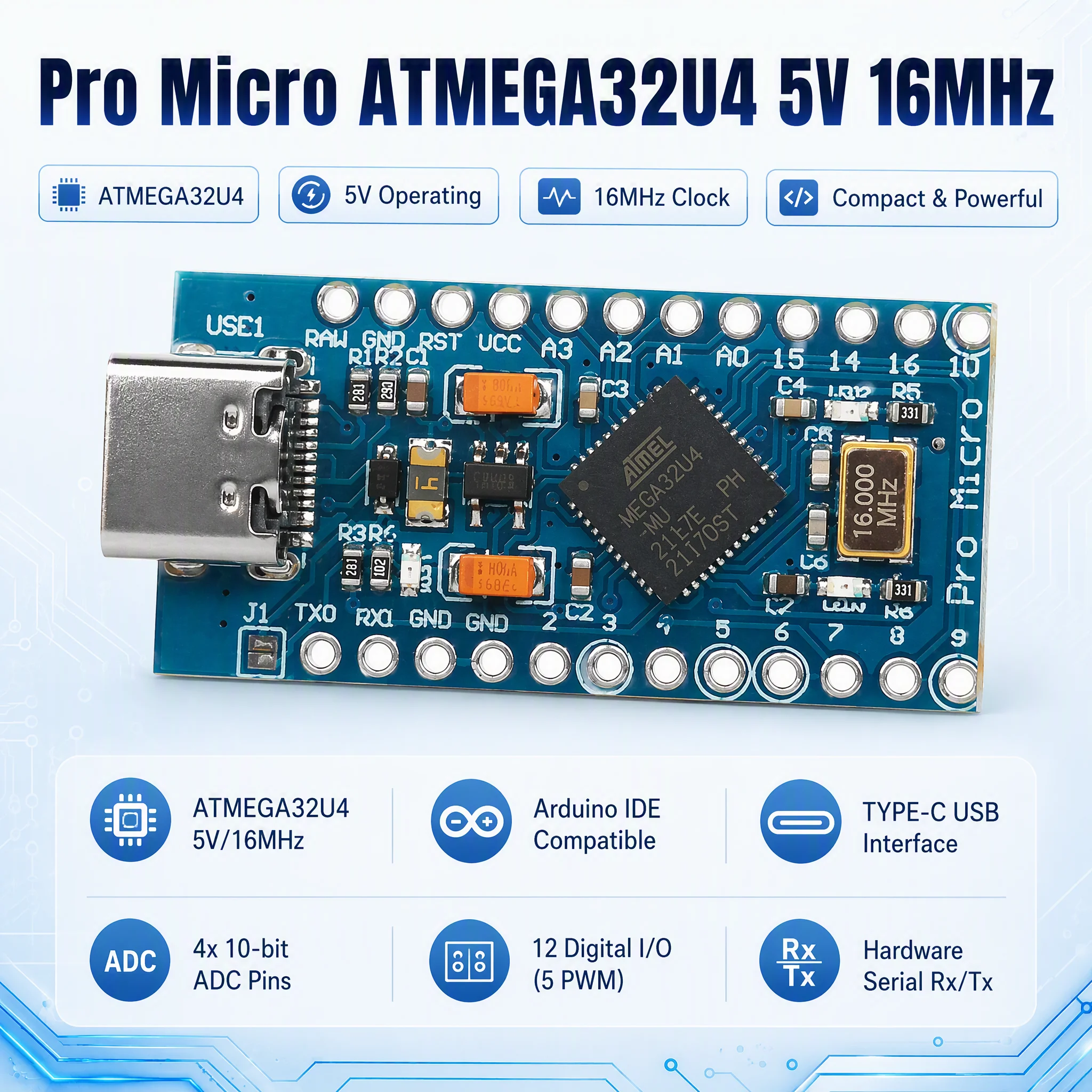 Pro Micro ATMEGA32U4 5V 16MHz Development Board Type‑C Interface 12 Digital I/O 4‑Channel 10‑bit ADC 5 PWM Pins with Pin Headers for Arduino IDE Project