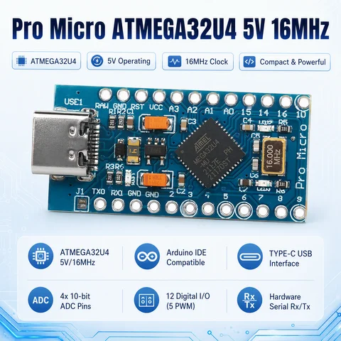 Carte de développement Pro Micro ATMEGA32U4 5V 16MHz, interface Type-C, 12 entrées/sorties numériques, ADC 10 bits 4 canaux, 5 broches PWM avec connecteurs pour projet Arduino IDE.