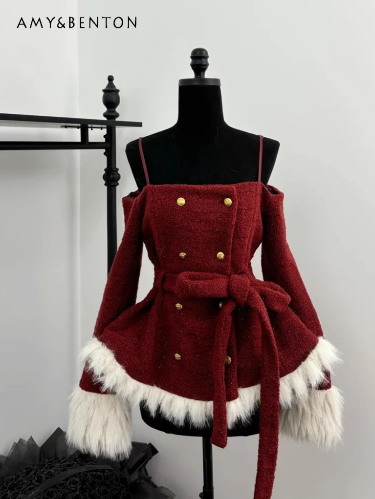 

Рождественское новогоднее красное пальто, милое платье принцессы на бретельках с открытыми плечами, двубортное плюшевое шерстяное пальто с длинными рукавами, комплекты из искусственного меха