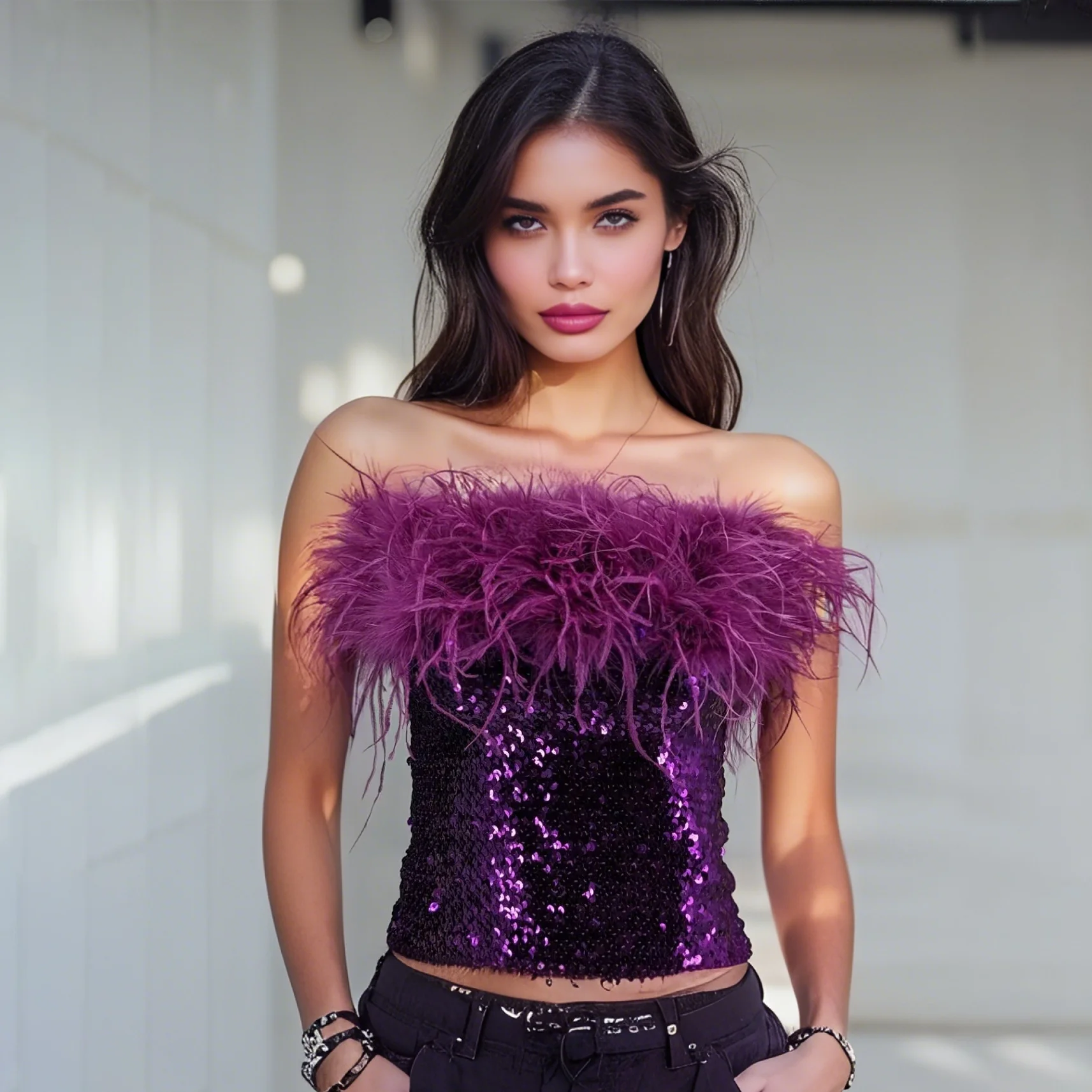 

Women's summer sequin bodice with ostrich feather trim strip bar music festival sexy tank top Dual-purpose top