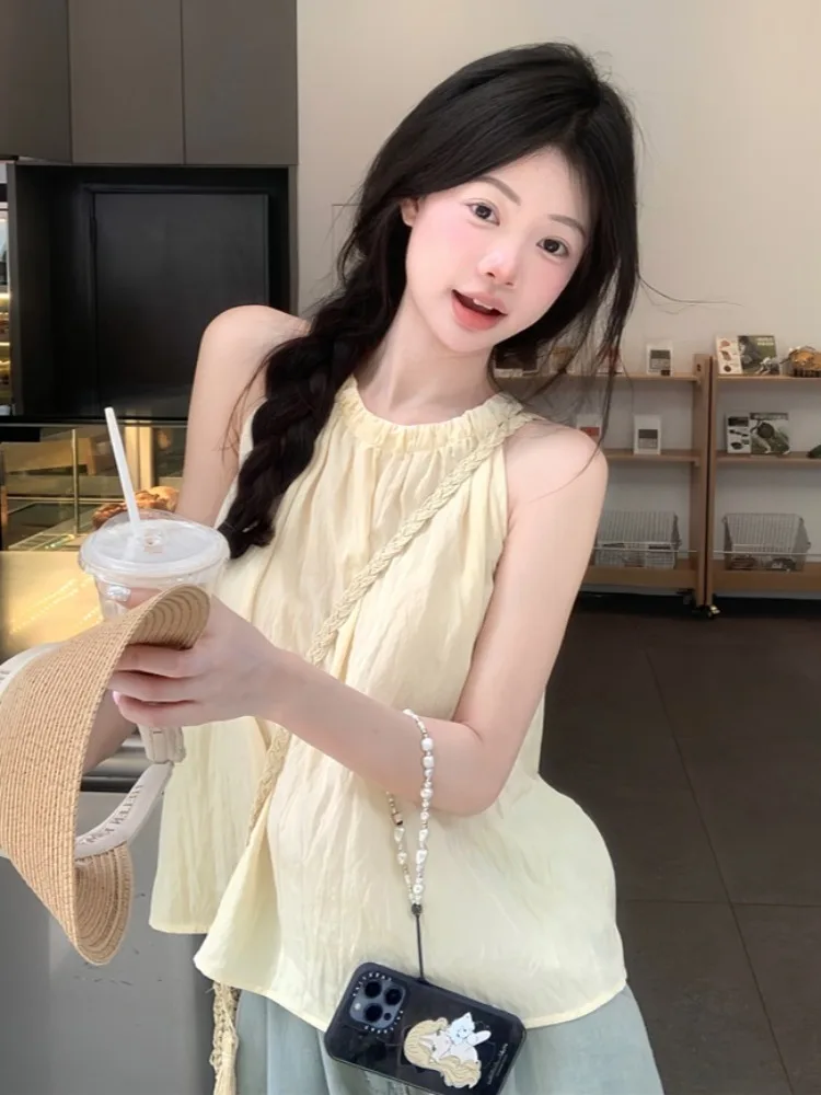 Giallo rotondo Ne Svel appeso Ne irt Design estivo da donna Dolce giovane bambola Top Vestibilità ampia Casual Confortevole