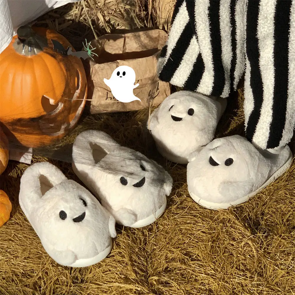 

Autumn and Winter Women Cartoon Ghost Cotton Slippers Silent Non-slip Halloween Plush Couple Slippers Warm Thick Bottom