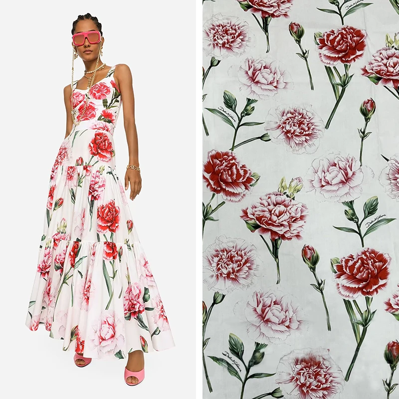 Vestido de popelina para mujer, tela de algodón puro con estampado de flores rosas, satén alto, personalizado