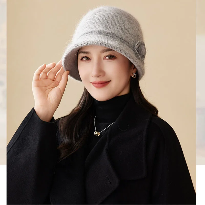 

New Knitted Rabbit Hair Basin Hat for Middle Aged Elderly Women Autumn Winter Outdoor Warm Windproof Mommy Hat Wholesale