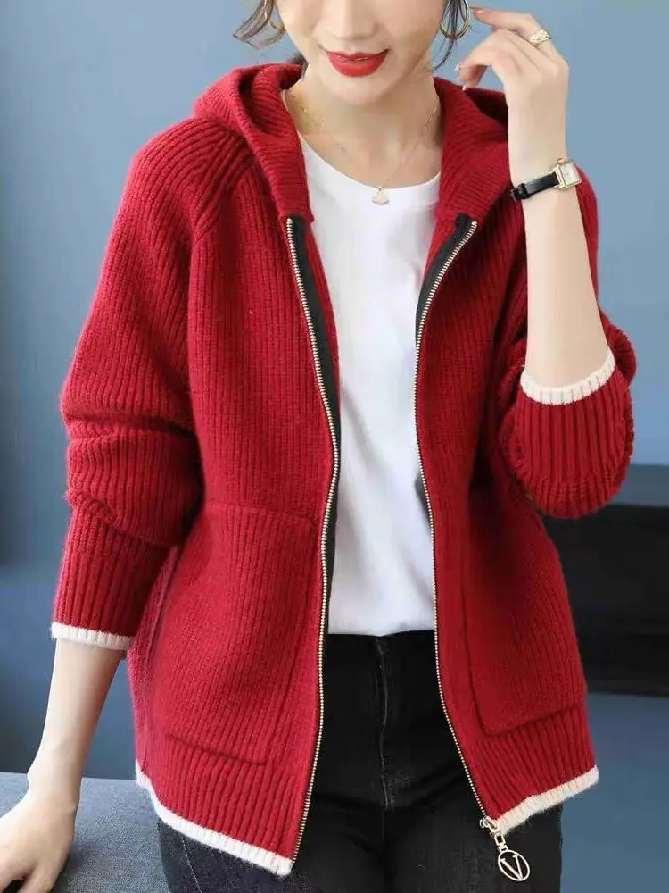 Hooded Jacket with Zipper Cardigan Sweater Embroidered Women's Top Fashionable Hoodie Knitted Sweater