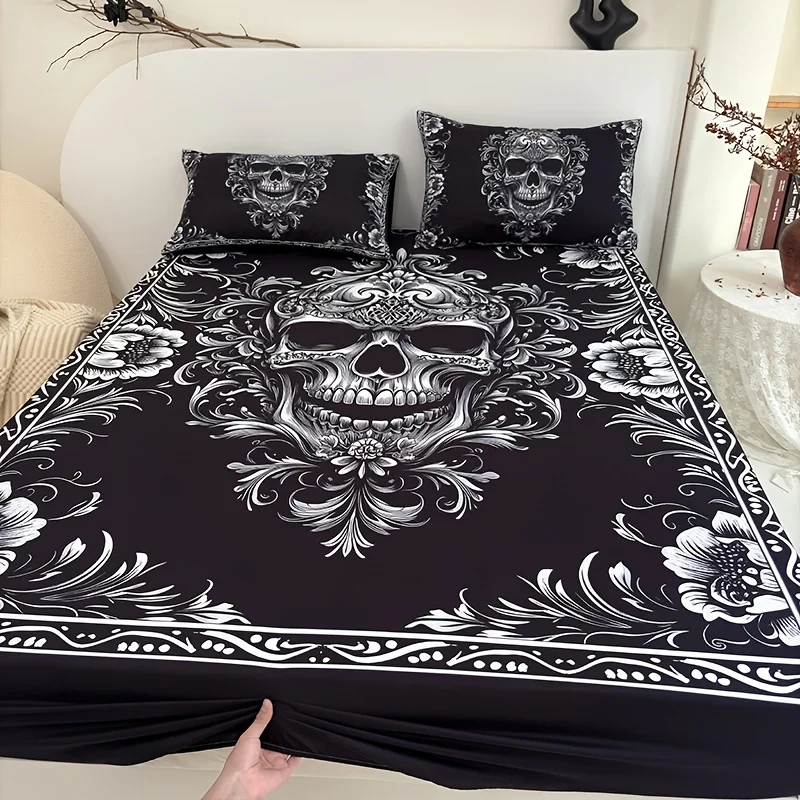 Black And White Design Skull Victoria Baroque Gothic Bed Sheet Deep Pocket Mattress Protector Bedroom For All Seasons Room Decor