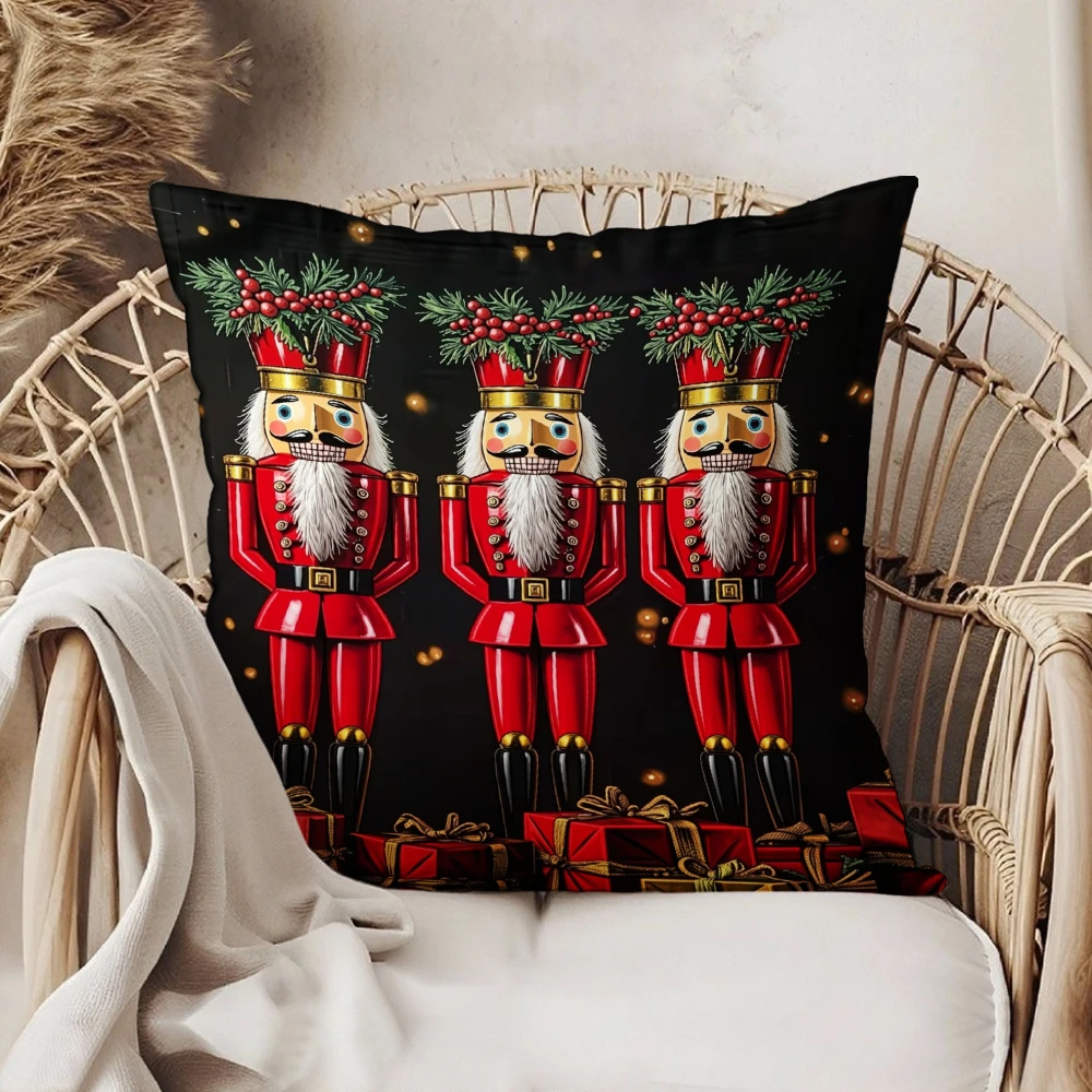 Square Throw Pillow Case Black Three Red Nutcracker Soldiers With Holly And Gifts Print Christmas Home Decor Sofa Cushion Cover