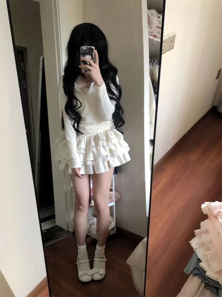 

Sweet ort Skirt Set Women's Early Autumn Long Sve Top Fluffy Skirt Spicy Two-Piece Outfit Soft Sister Sle Faionable
