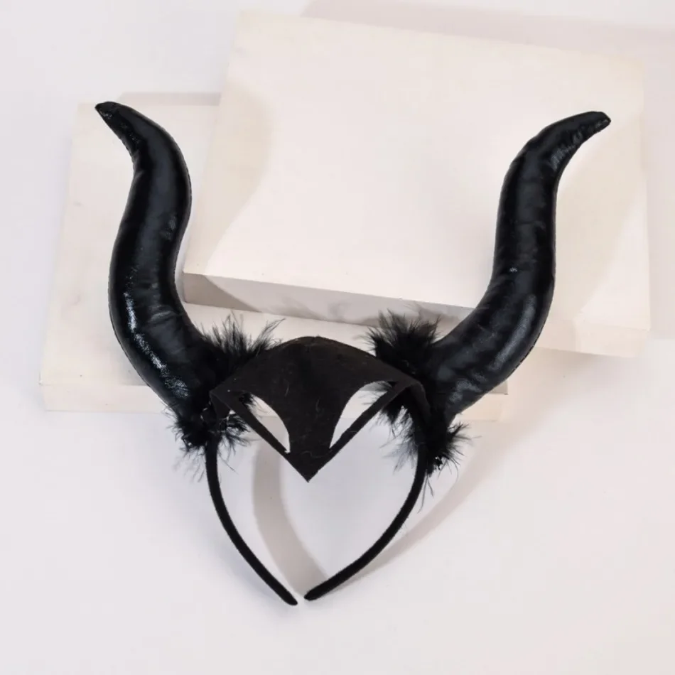 Women Kids Black Queen Demon Long Ox Horns Headwear Cosplay Evil Witch Headpiece Halloween Carnival Party Costume Hair Hoop Prop