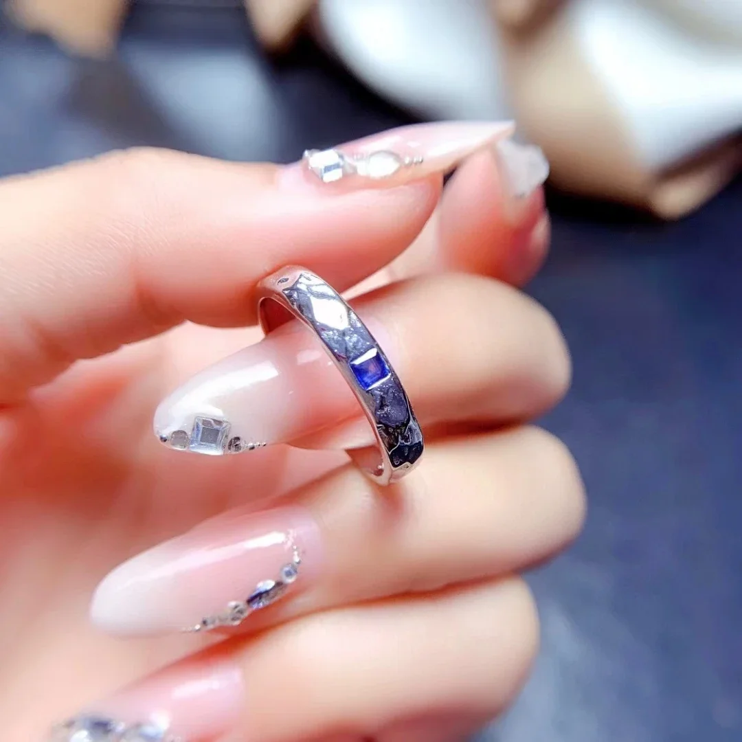 

Blue Sapphire Band Ring for Daily Wear 2.5mm Natural Sapphire Silver Ring with 3 Layers 18K Gold Plating