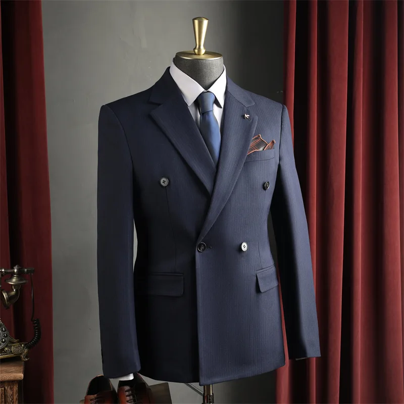 

KIDWHXR мужской костюм пальто модный двубортный мужской пиджак с отложным воротником в полоску с длинным рукавом и карманами тонкая мужская верхняя одежда