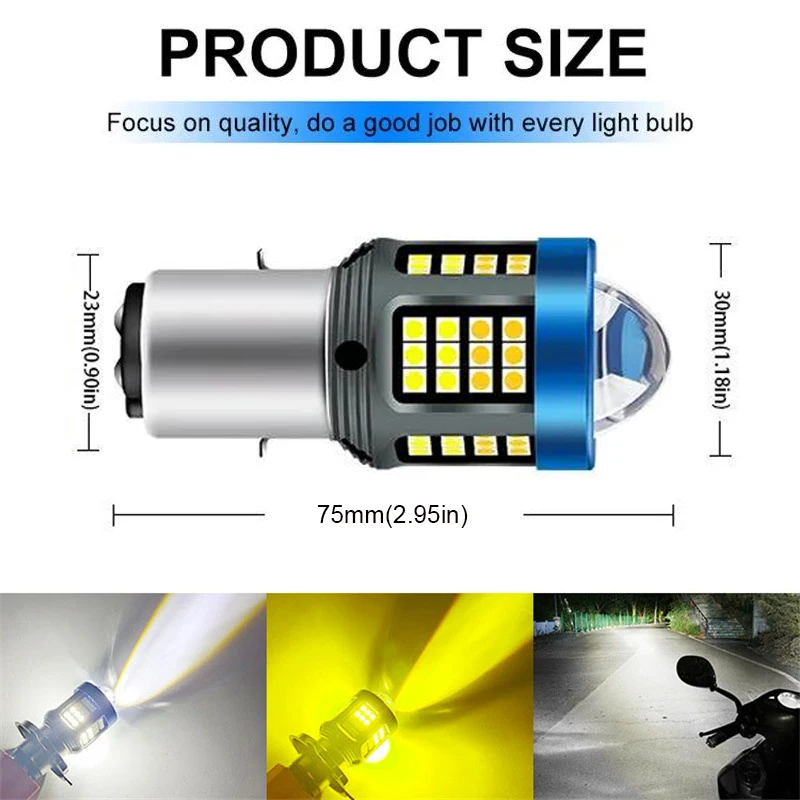 2Pcs H6 BA20D LED Motorcycle Light Bulb LED Fisheye Lens Dual Color White Yellow CSP Chip Motorbike Headlight Scooter Fog Lamp
