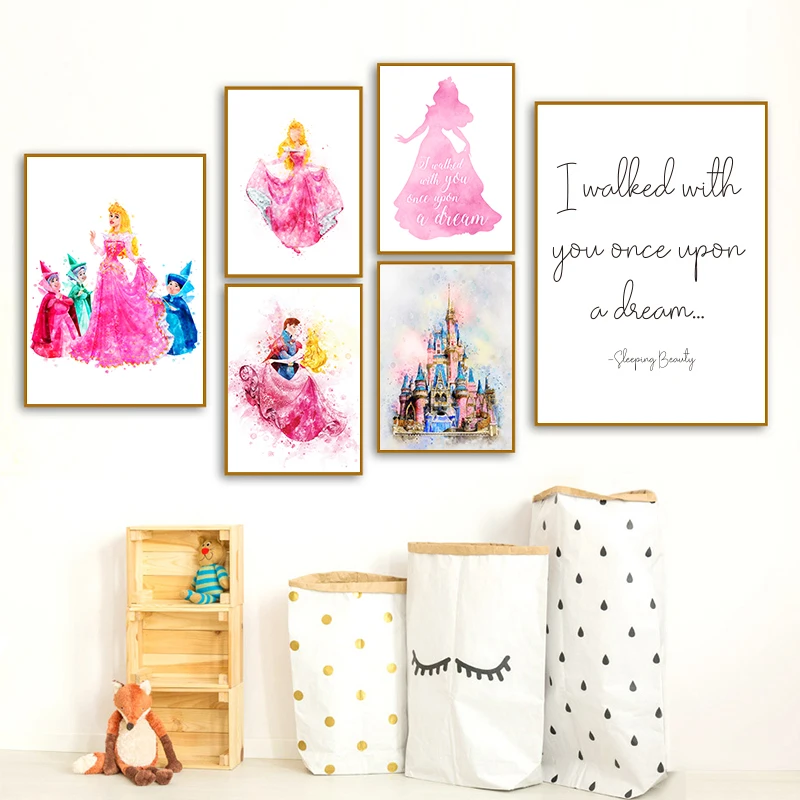 Sleeping Beauty Watercolor Print Princess Aurora Poster Girls Nursery Wall Decor Disney Quote Art Canvas Painting Kids Girl Gift