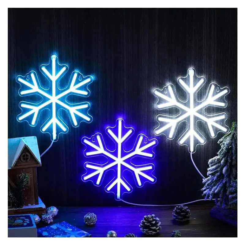 3pcs Snowflake Neon Signs Aesthetic Wall Mount Indoor Decor Lights Winter Window Bar Living Room Decoration 23cm20cm