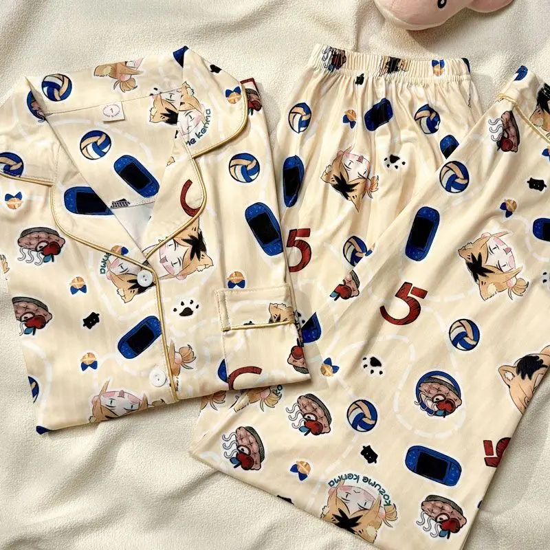 Cartoon Haikyuu  Cat Pajamas  Spring Clouds Pure Cotton Long Sleeves Anime Outside Lounge Clothes Kozume Kenma Trousers Set Gift