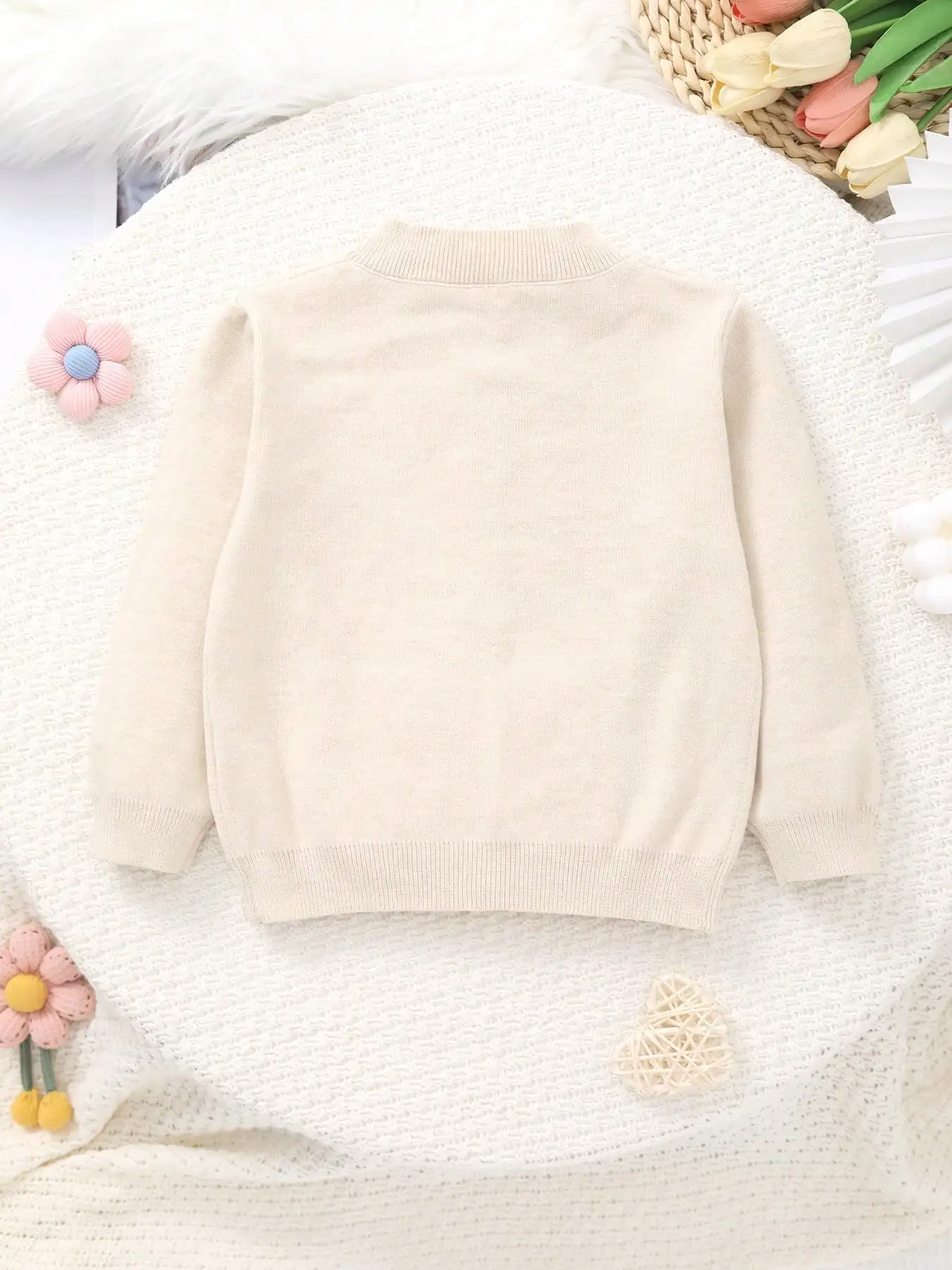 Girls' Knitted Round-Neck Cardigan with Handmade Floral Embroidery Pattern