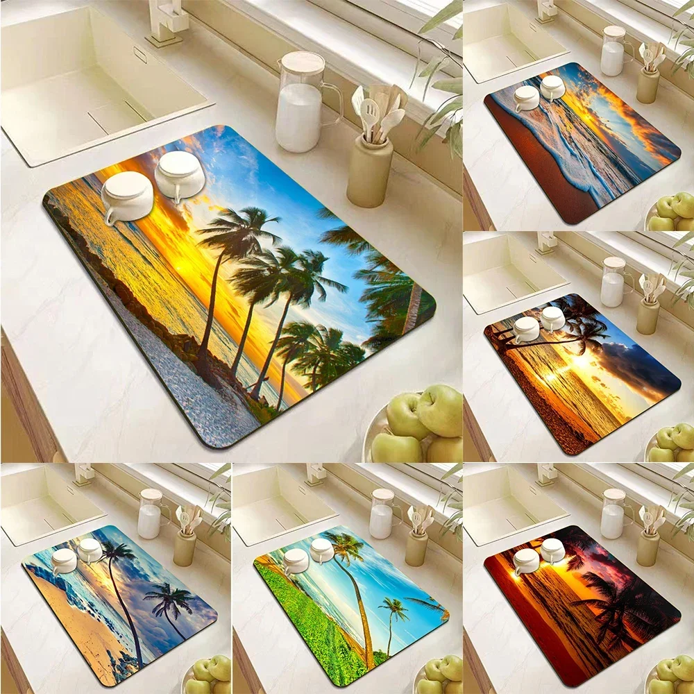 Summer Beach Ocean Kitchen Countertop Mat Restaurant Drain Absorbent Pad Anti Mold Quick Drying Pad Non Slip Placemat Decor