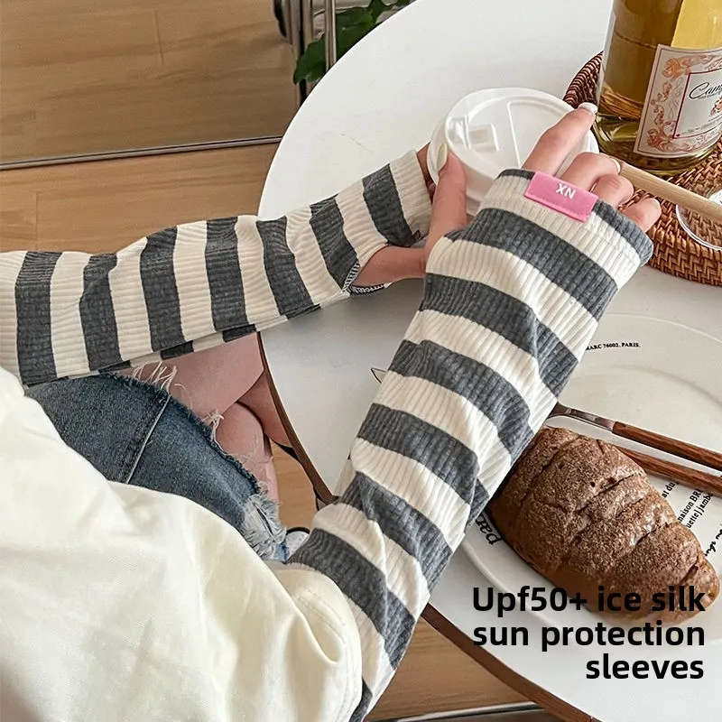 Summer Sun Protection Women's Ice Silk Sleeves, Loose Arm Protection, UV Protection, Fashionable Striped Driving Sleeves image 3
