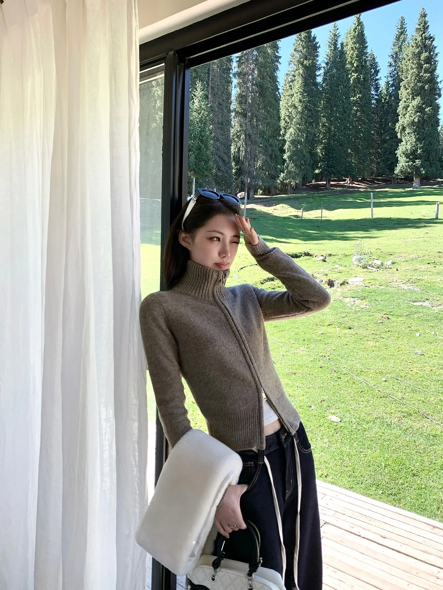 

Bla Bean Humming nut Milk Knitted Open Cardigan Women's Autumn Winter Vintage Turn-down Collar Sweater Coat Zipper Closure