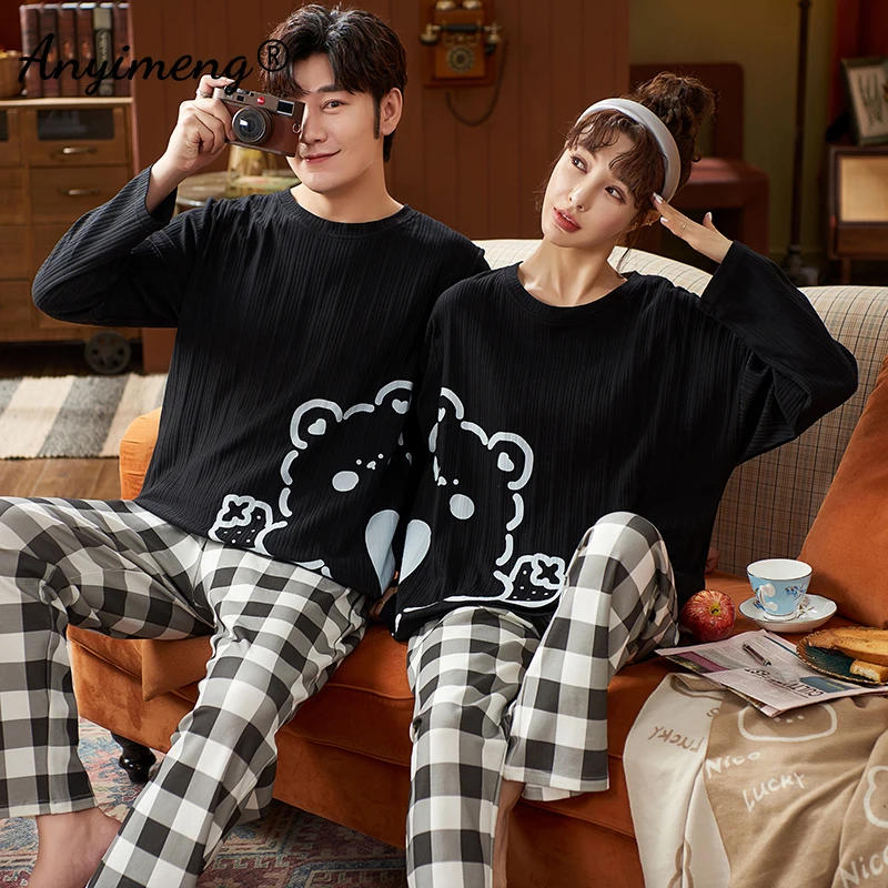 Couple Pajamas New Fashion Mens Womens Loungewear Cotton Sleepwear Spring Autumn Long Sleeve Cartoon Printing Couple\'s Nightwear