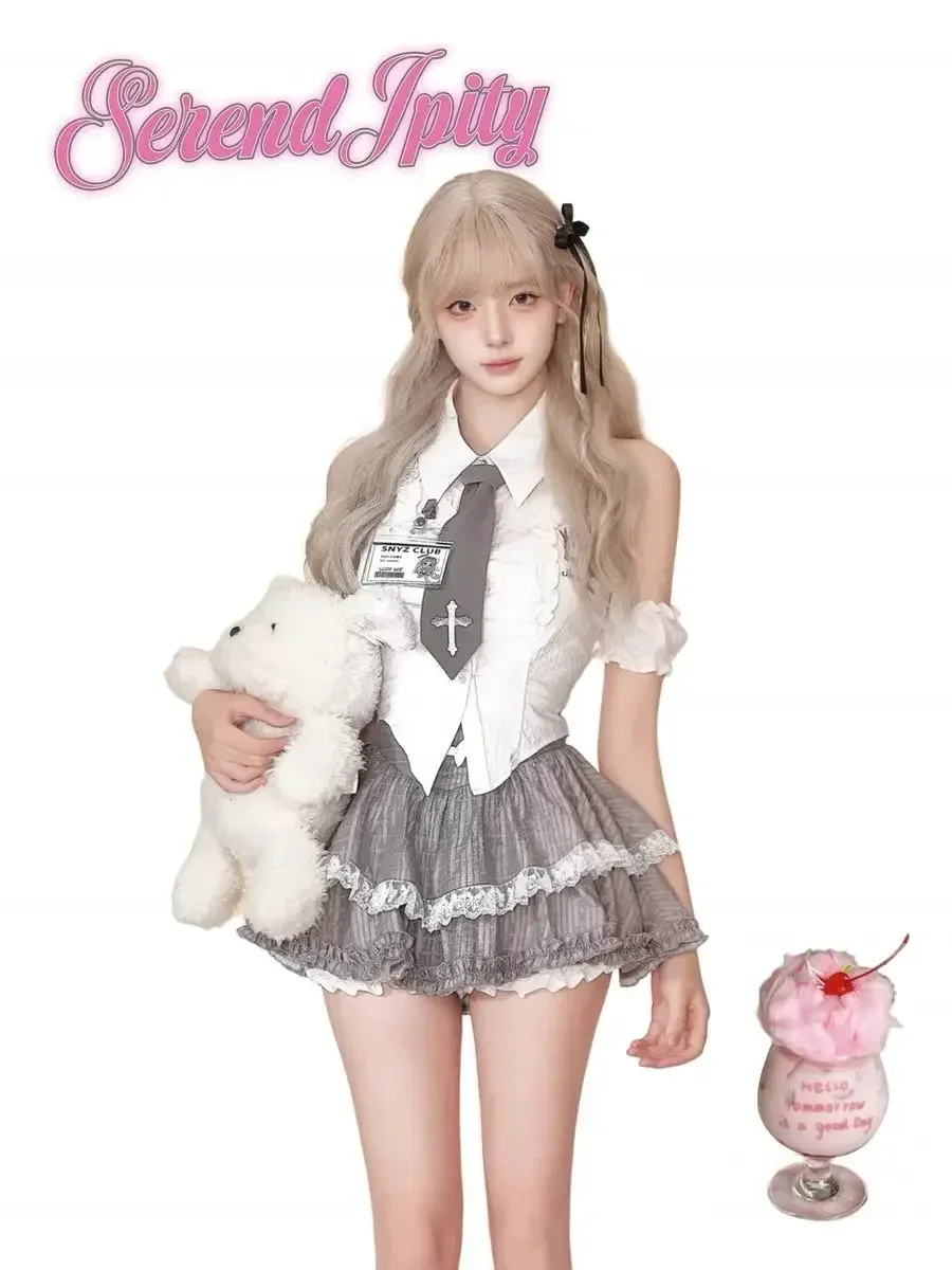 

Korean Academy Style JK Uniform Women Set Spicy Girl Ruffle Lapel Shirt High Waist Lace Splicing Puffy Short Skirt Set