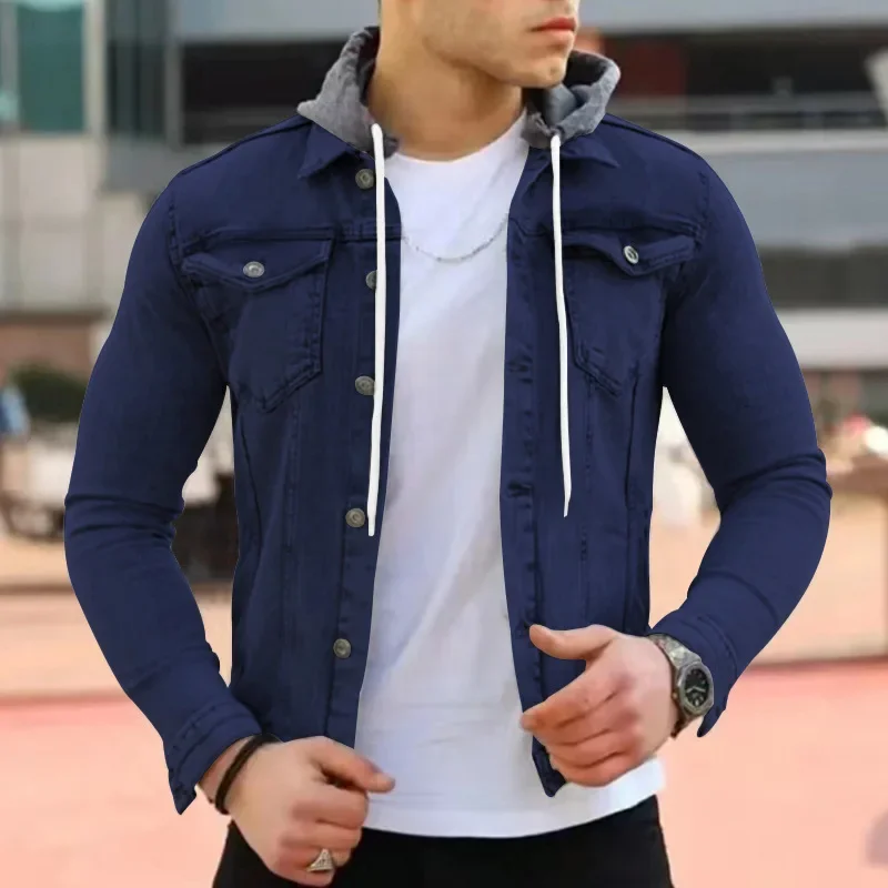 New Men's Fashionable Casual Hooded Single-breasted Jacket Men's Solid Color Jacket Casual Coat Double Pockets