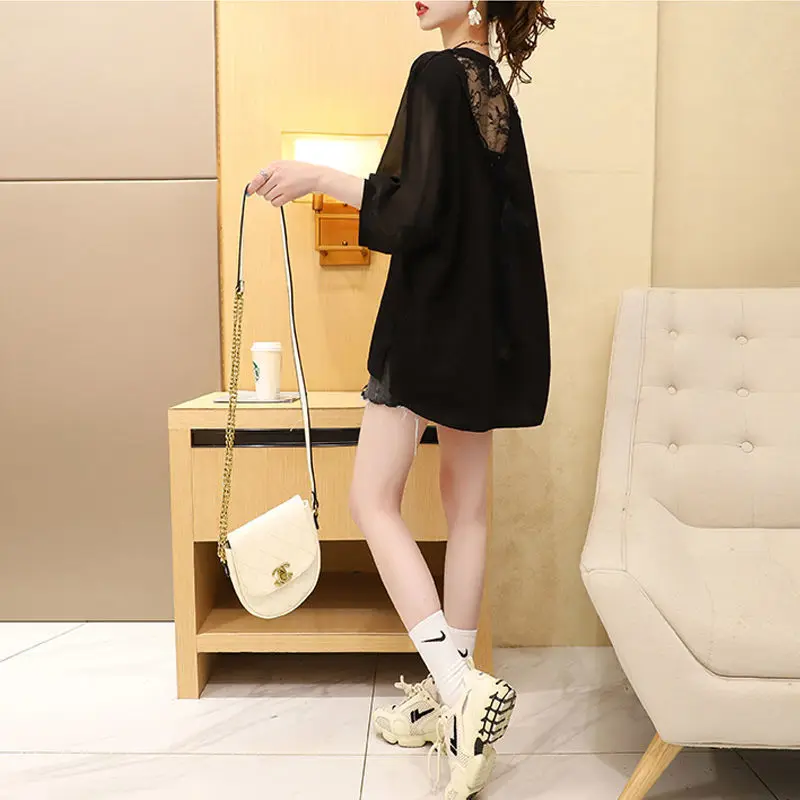 Stylish Backless Lace Spliced Pullovers Bandage Bow Female Clothing Loose Half Sleeve Summer Casual Printed Split Midi T-shirt