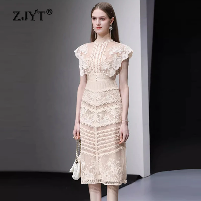 

ZJYT Women's Embroidery Lace Dress Summer 2024 Fashion Sleeveless Midi Party Dress Elegant Vestidos Casual Sweet Holiday Robe