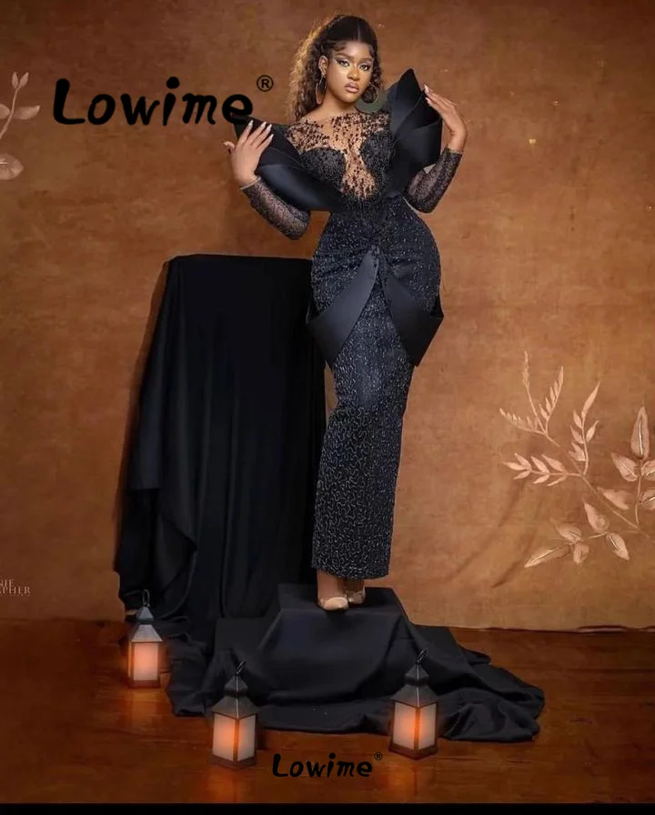 Black Evening Dress Long Sleeve Floor Length African Plus Size Party Gowns 2024 Customize Mermaid Beaded Off Shoulder Prom Dress