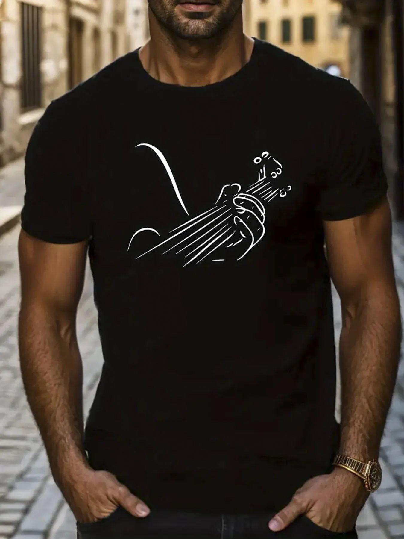 2026 Men'S 100% Guitarist Silhouette T-Shirt - with Guitar Graphic, Round Neck Short Sleeve Casual Tee, Slightly Elastic Fit for