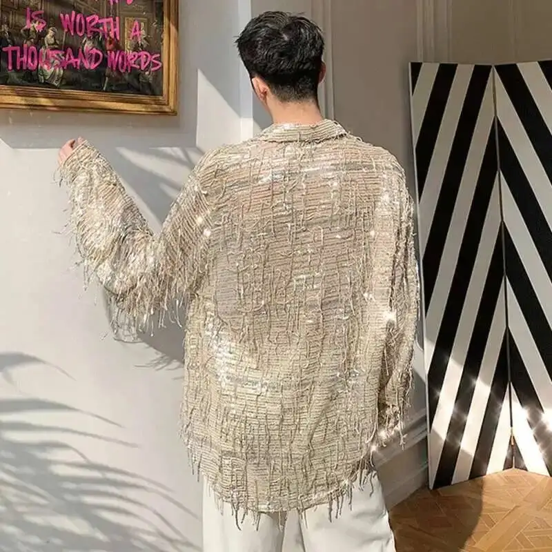 Spring Summer Men's Shirt Long Sleeve New Irregular Sequin Tassel Shirts Niche Streetwear Korean Style Male Top  9YCCBB