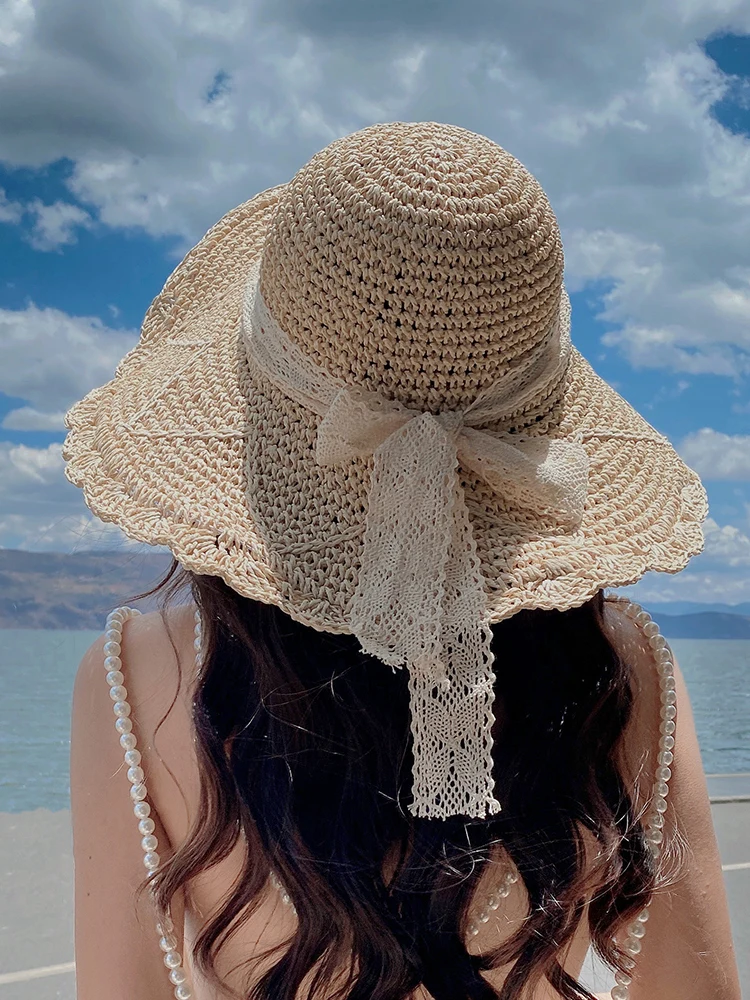 2022 Women\'s Summer Bucket Folding Lace Bow Straw Hat Panamas UV Protection Sun Visor COOL Seaside Beach Hat Tide Summer Hats