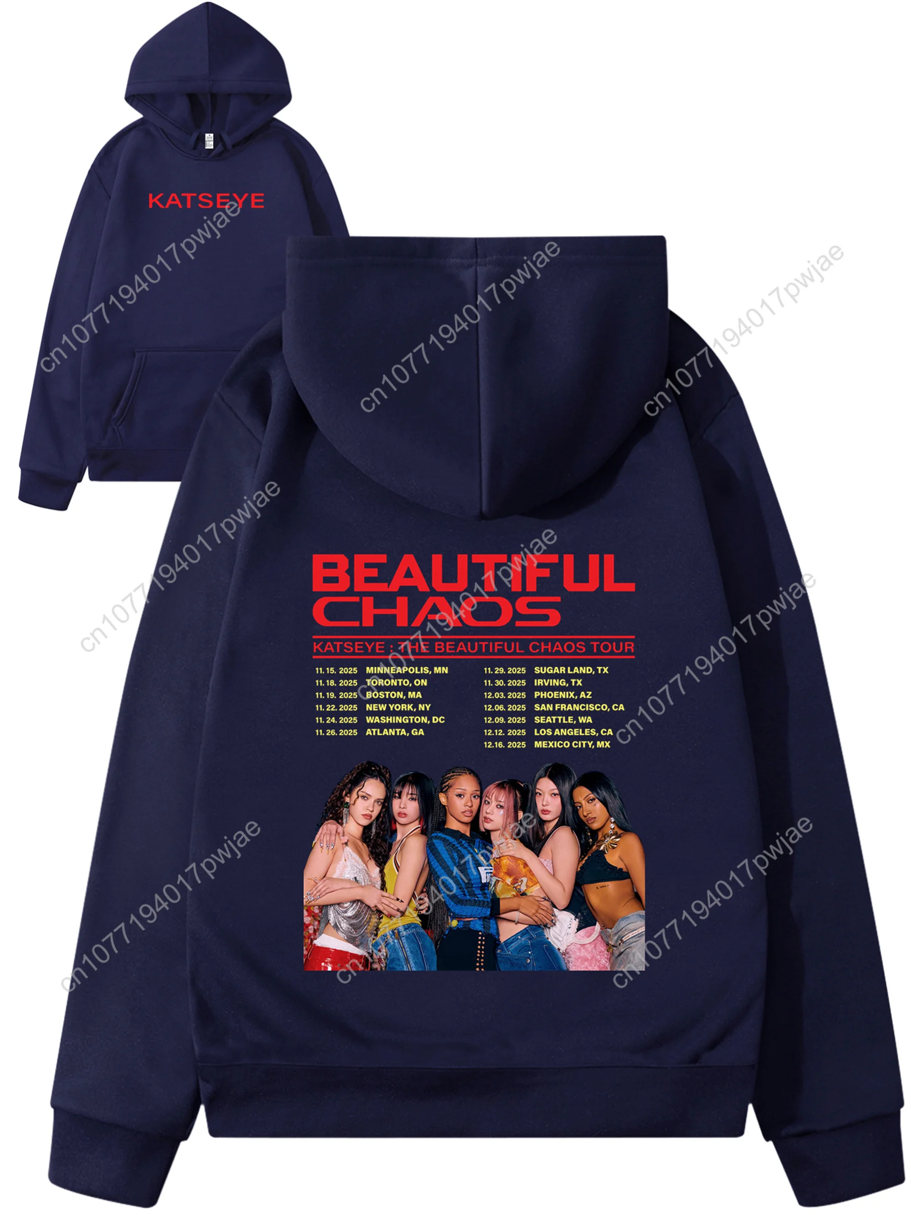 KATSEYE: THE BEAUTIFUL CHAOS TOUR Sudadera con capucha para hombre - Mercancía de conciertos con fechas de la gira y títulos de canciones (2019-2024), logotipo exclusivo y