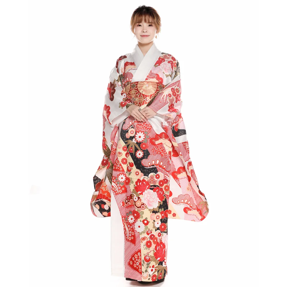 Japanese Traditional Long Sleeve Kimono Women's Holiday Formal Yukata Cosplay Clothing Performing Dress Photography Wear