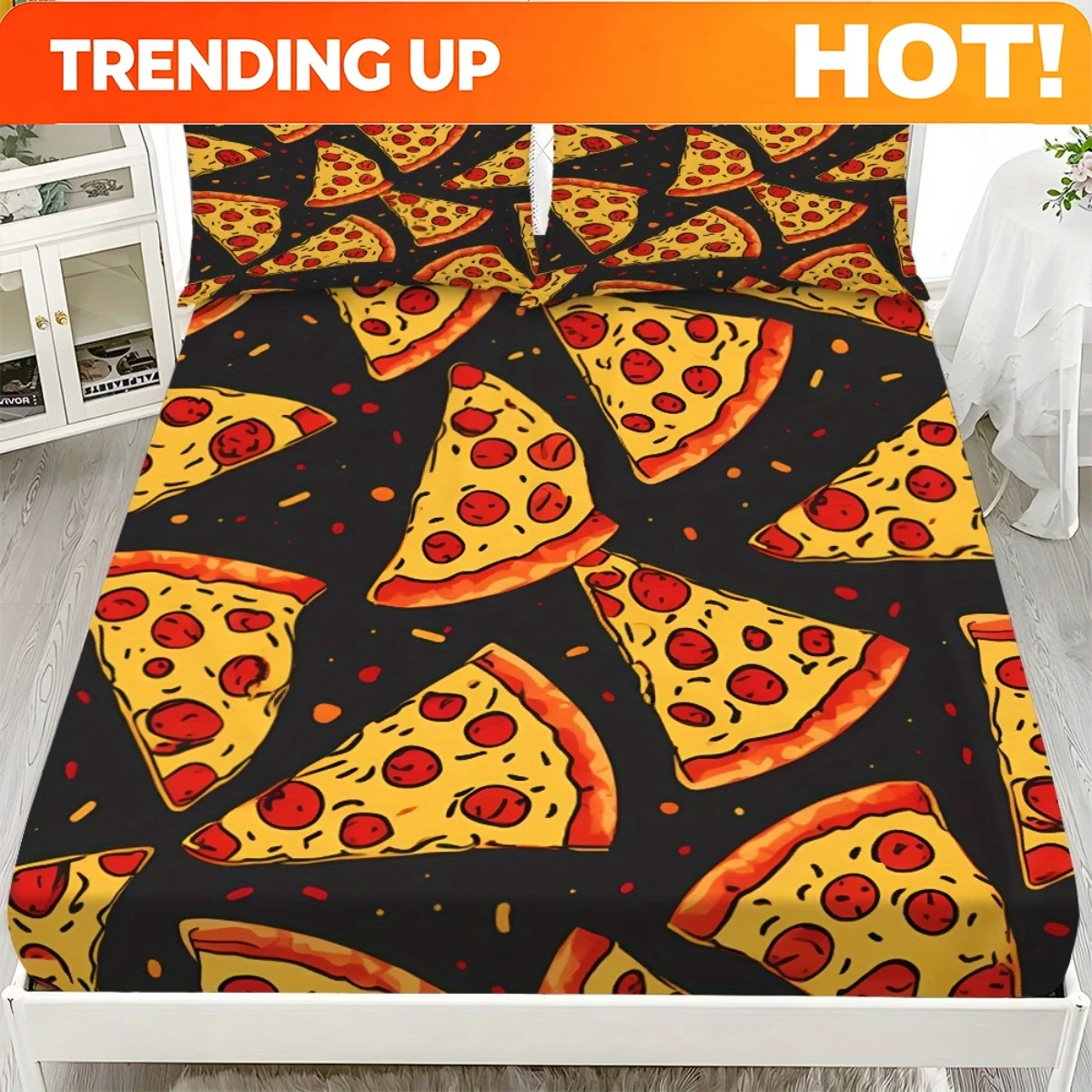 Customize 3pcs Fun Cartoon Food Pizza Fitted Sheet Set, 1 Fitted Sheet + 2 Pillowcases, No Filler, Soft Comfortable Breathable S