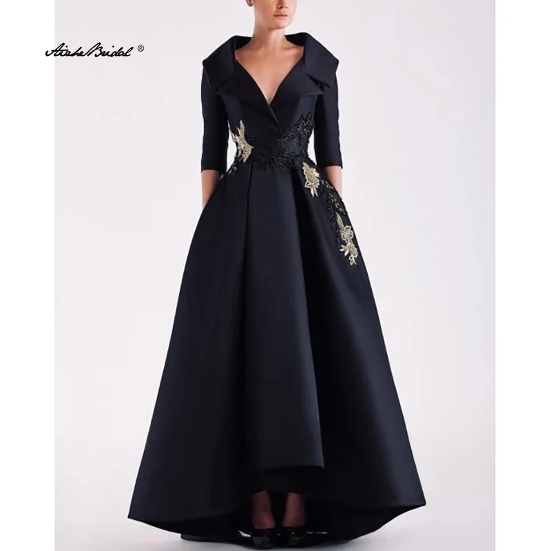 Black A-Line Evening Gowns Vintage Embroidered Elegant Dress Formal V Neck Pocket Satin Beading Appliques