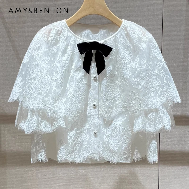 

White Cape Style Bow Lace Hollow Out Women's Top French Design 2026 Spring New Sweet Cool Elegant Puffy Short Skirts Sets Ladies