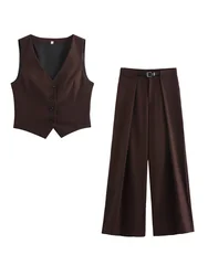 KAOPU ZA Women with side vents waistcoat or with belt pleated high-waist trousers two pieces sets mujer