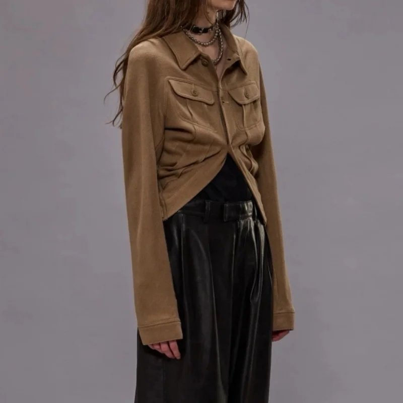 

Fall 2025 Women's Collared Pure Cotton Woolen Weave Fabric Multi-Pocket Asymmetrical Heavy Craft Shirt Jacket Short Style